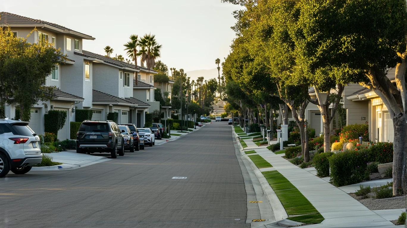 A sunlit street in a Carlsbad neighborhood with modern homes and cars.
