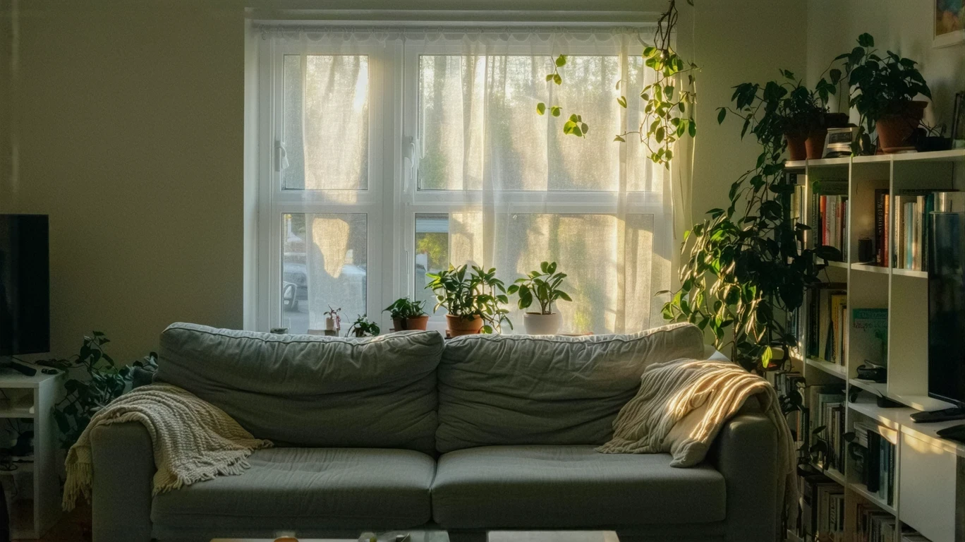 A small, simply furnished living room in St Petersburg with natural light coming through sheer curtains