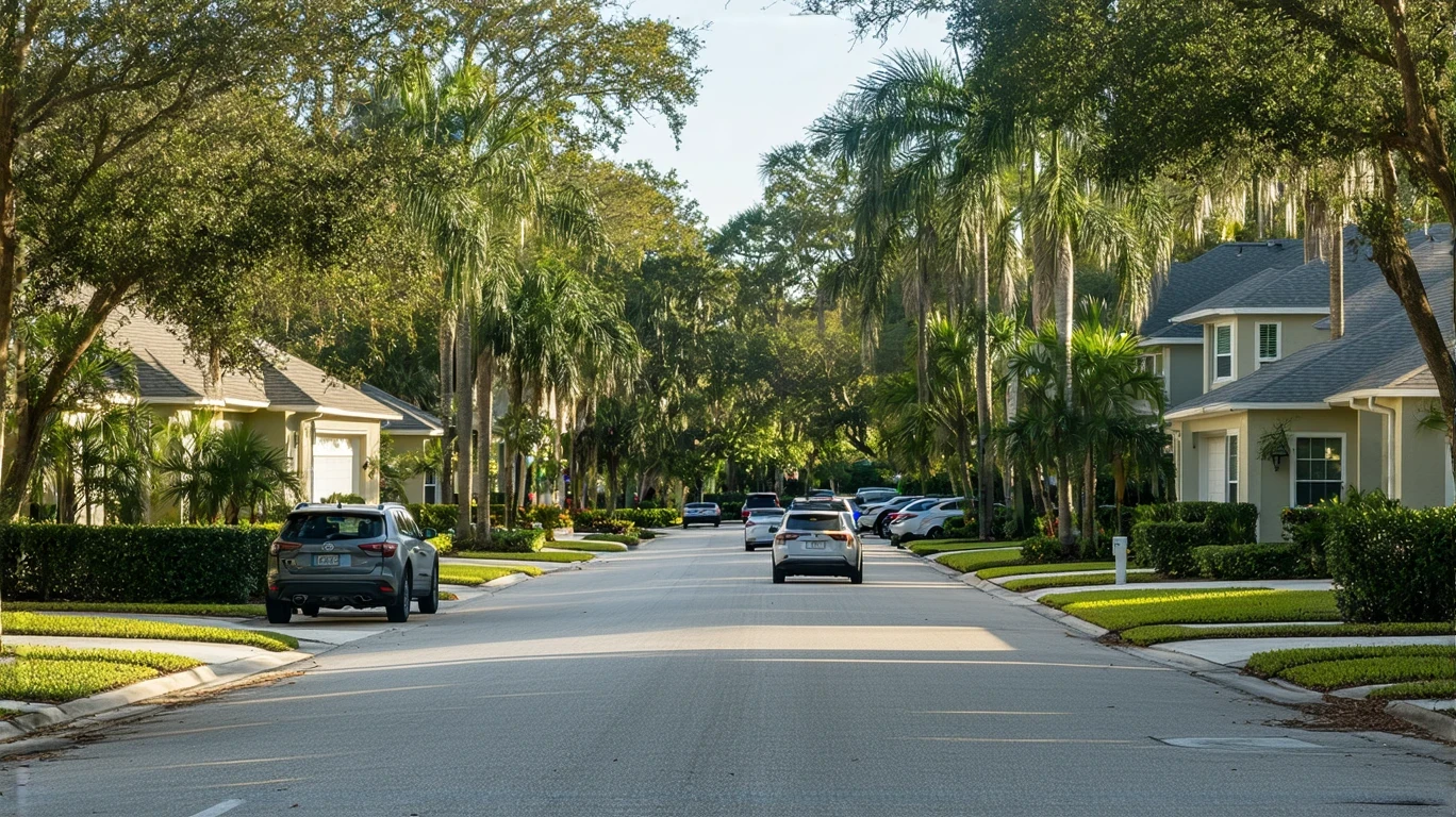 A Lynx city bus driving through a residential neighborhood in Maitland, Florida on a sunny day.