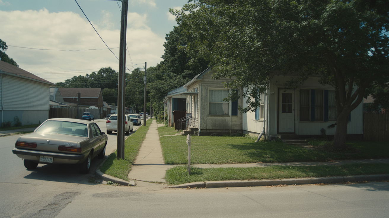 A modest older home on a quiet residential street corner in Garner, NC with an older sedan parked at the curb and power lines overhead.