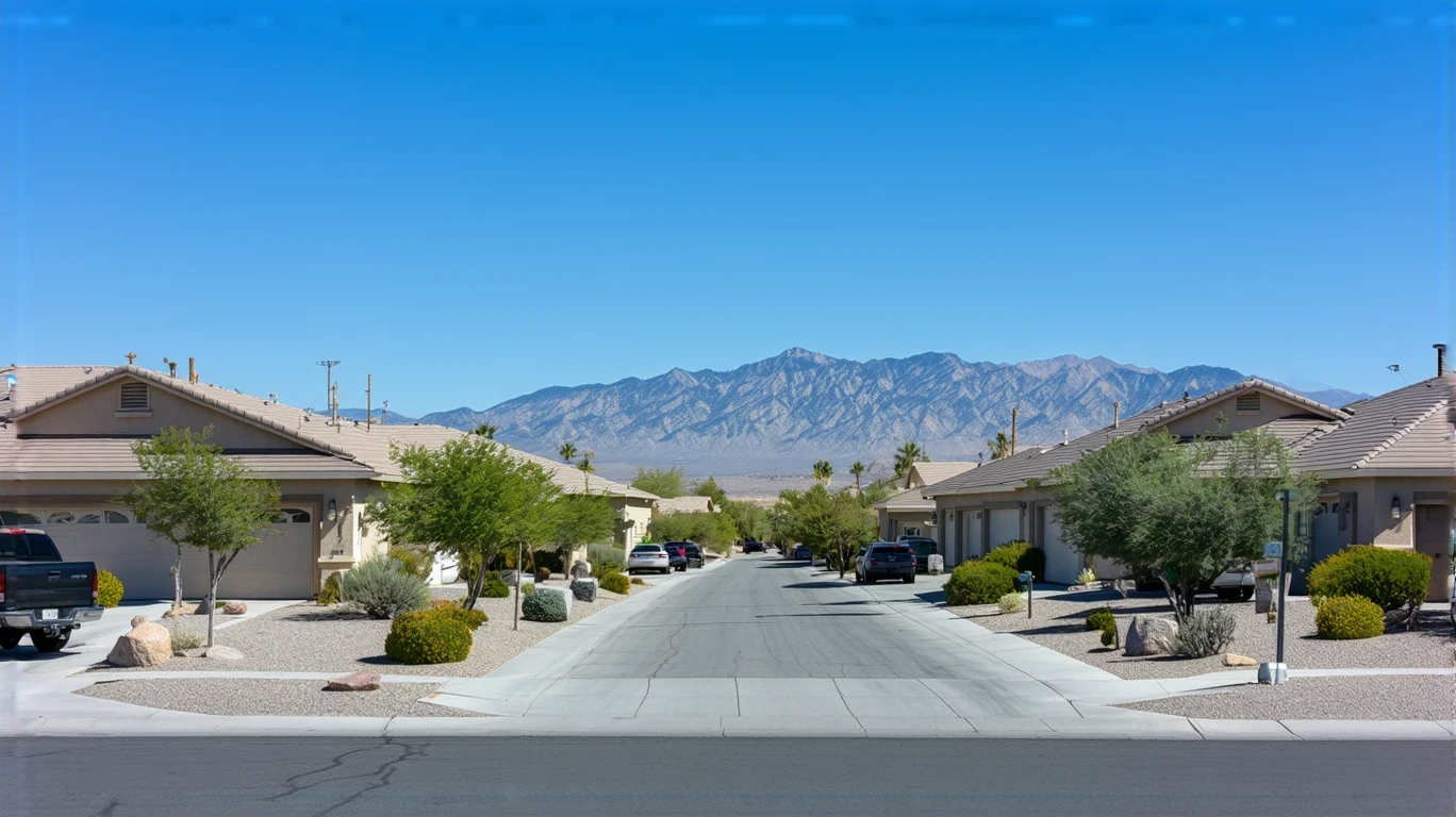 Suburban street in Blue Diamond, Nevada with stucco homes and desert landscaping