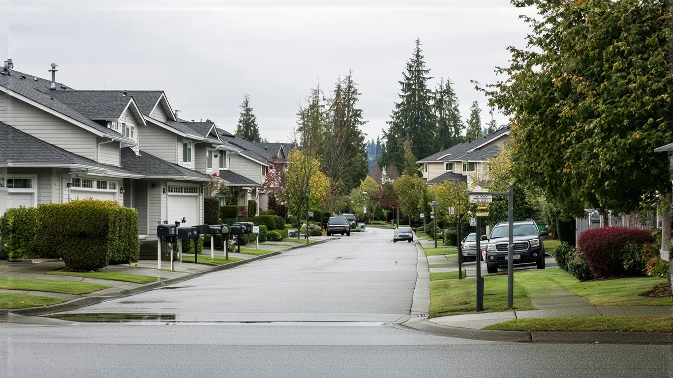 A residential street in Redmond, Washington on a cloudy day with a sidewalk curving past mailboxes and suburban homes.