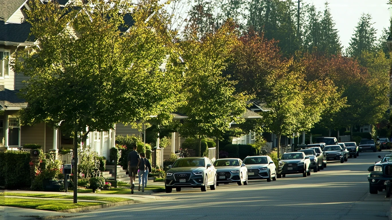A suburban street in Kent, WA with craftsman homes, a couple walking their dog, and parked cars on a sunny day