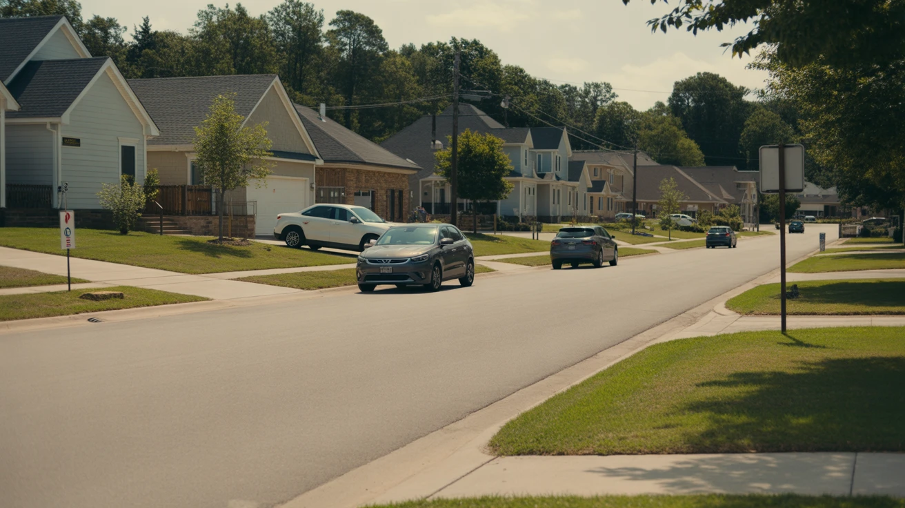 A sunny residential street in La Vergne, Tennessee lined with modern single-family homes, tidy yards, and a few parked cars.