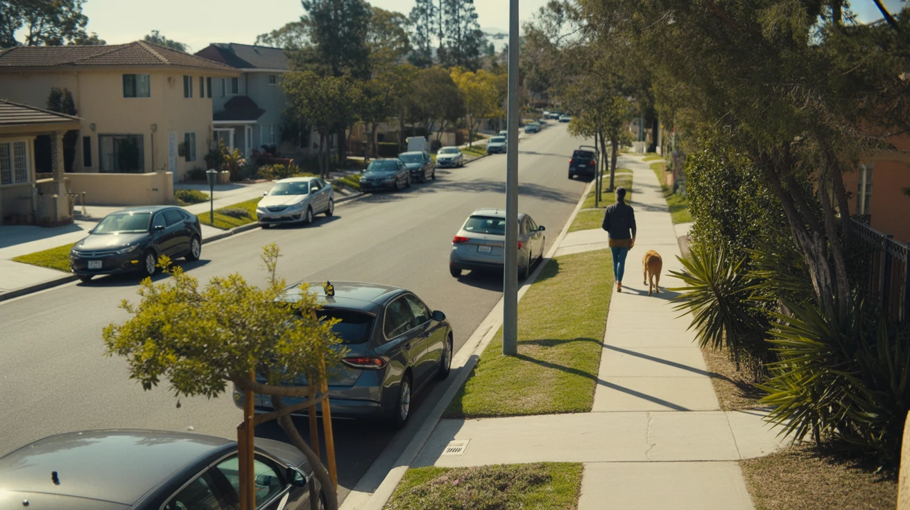 A quiet residential street in Chula Vista, California with modern homes, parked cars, and a person walking their dog in the distance.