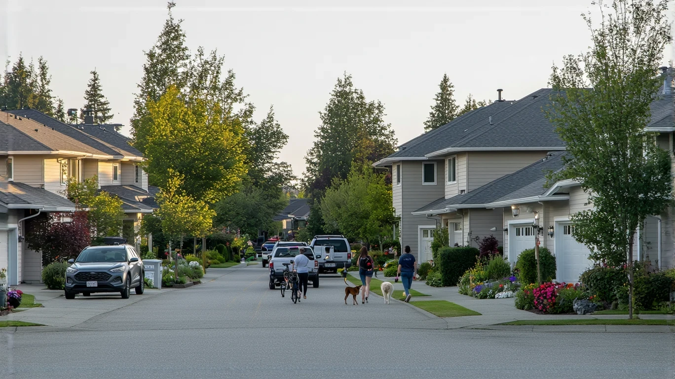 A suburban street in Everett, WA with craftsman homes, a couple walking a dog, and a car parked in a driveway.
