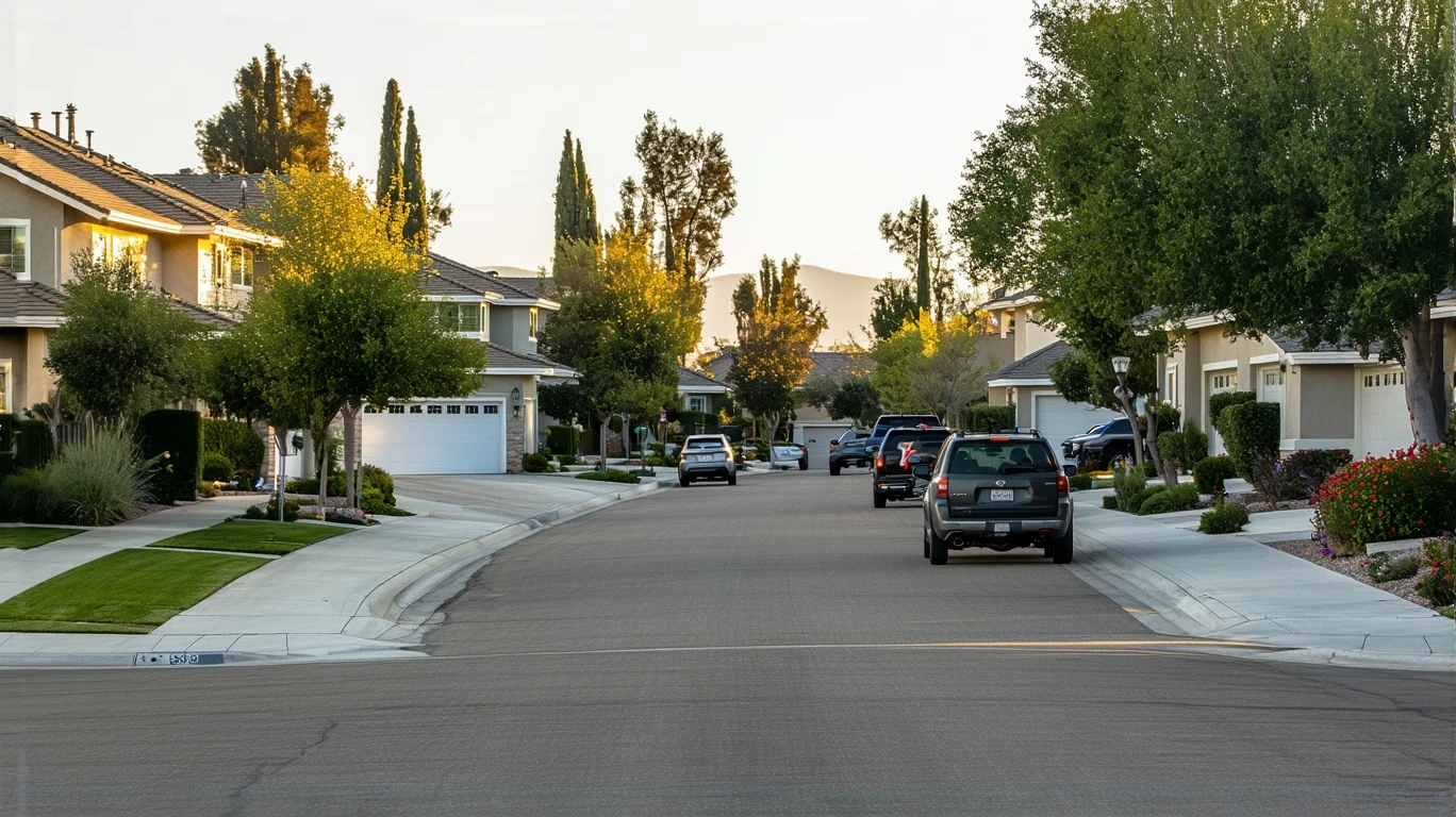 A sunny residential street in Poway, California lined with modern single-family homes, parked cars, and well-kept yards.