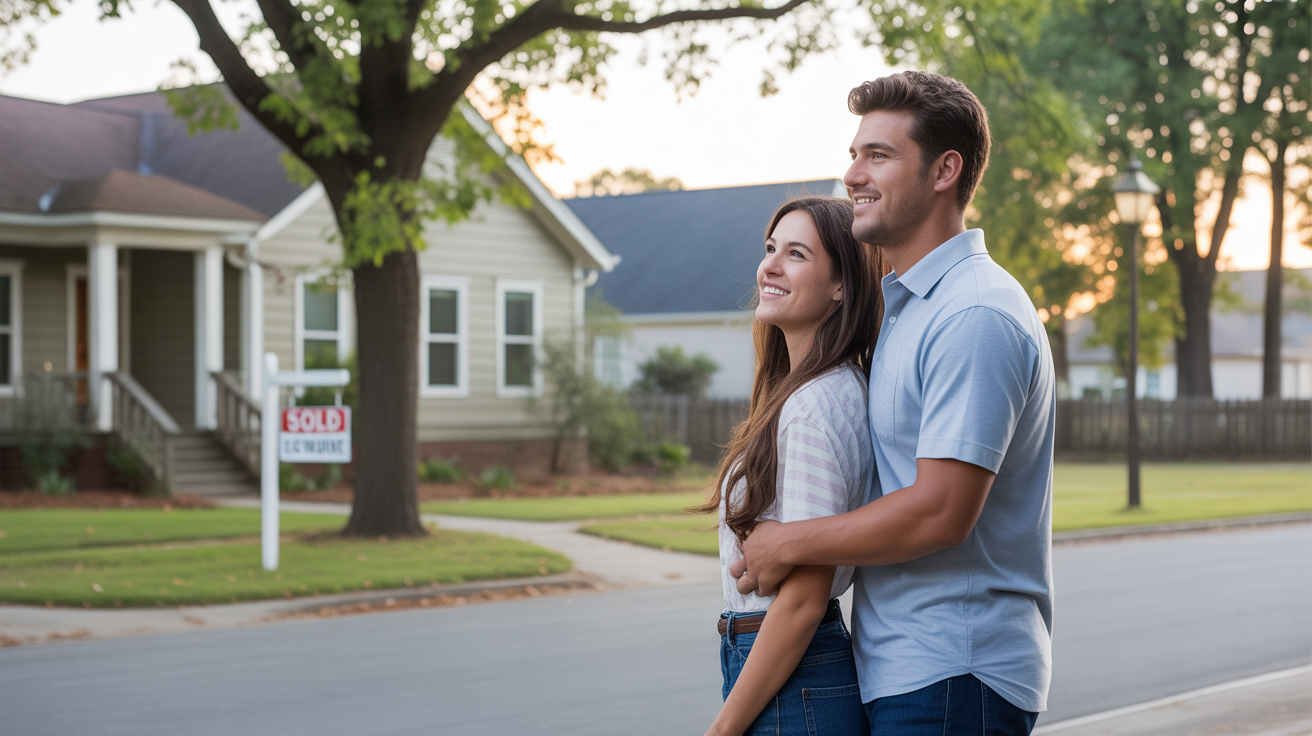 Young couple standing on front porch of their new Craftsman home in Kannapolis NC at sunset