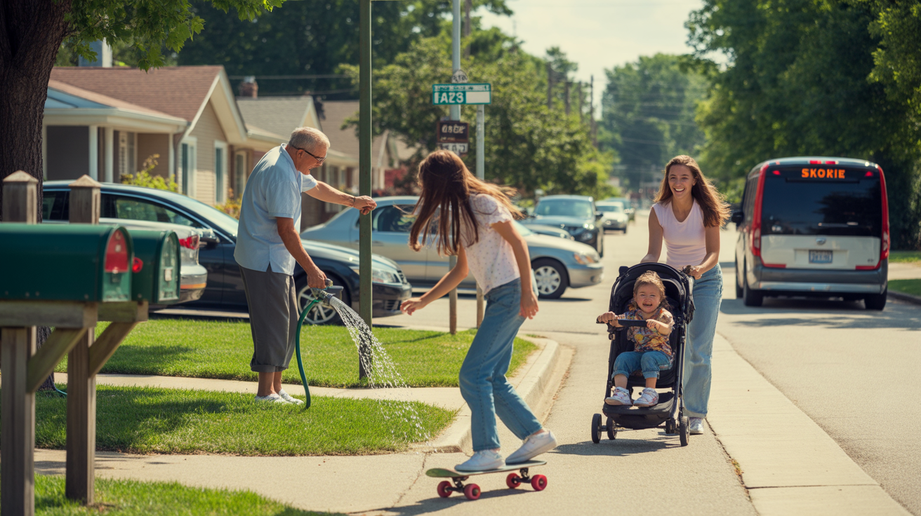 A teenage girl skateboarding past mailboxes on a sunny suburban street in Skokie, Illinois
