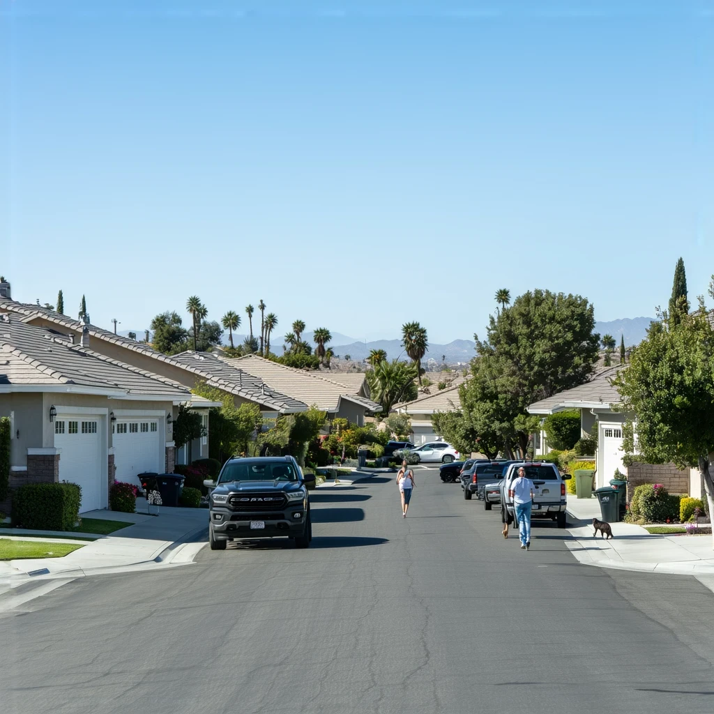 A sunny residential street in Santee, California lined with modest single-family homes and drought-tolerant landscaping. A woman walks her dog on the sidewalk while a man washes his car in a driveway.