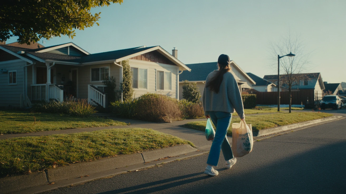 A person carrying groceries walks past a craftsman-style home in Renton, Washington.