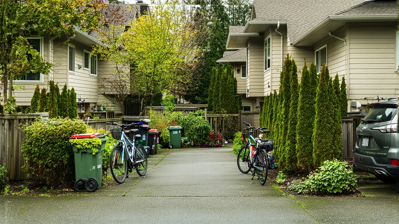 Exterior view of an apartment building in Lynnwood with potted plants and bicycles.