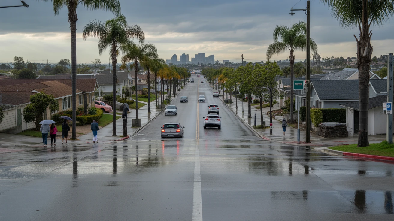 A wet street in Chula Vista lined with palm trees and a few pedestrians on the sidewalk.