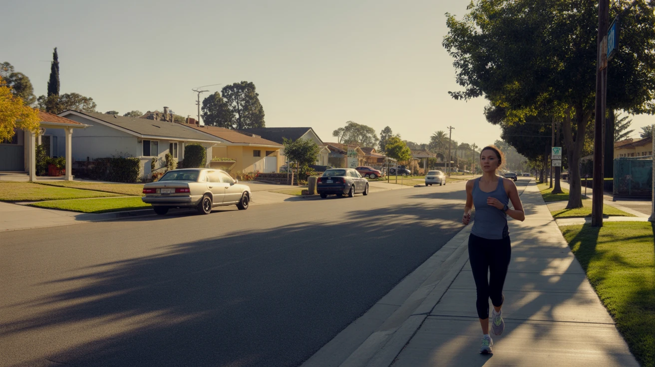 A residential street in El Cajon in the early morning, with small homes and a jogger on the sidewalk.