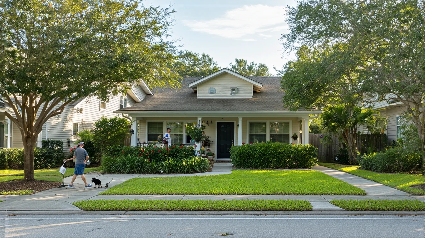 A man waters plants in the front yard of a craftsman-style home in St Cloud, Florida on a sunny day.