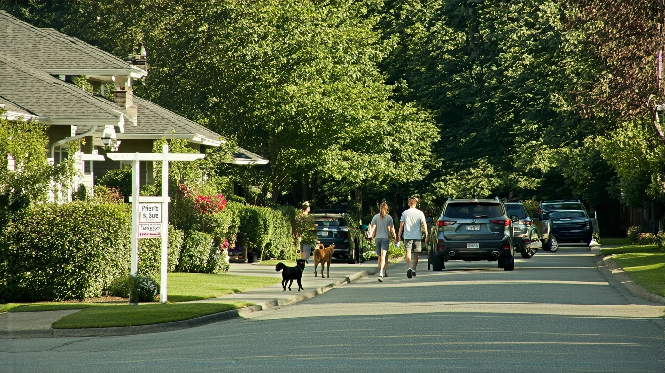 A residential street in Sammamish, WA with craftsman homes, a for sale sign, a couple walking their dog, and a parked Subaru Outback.