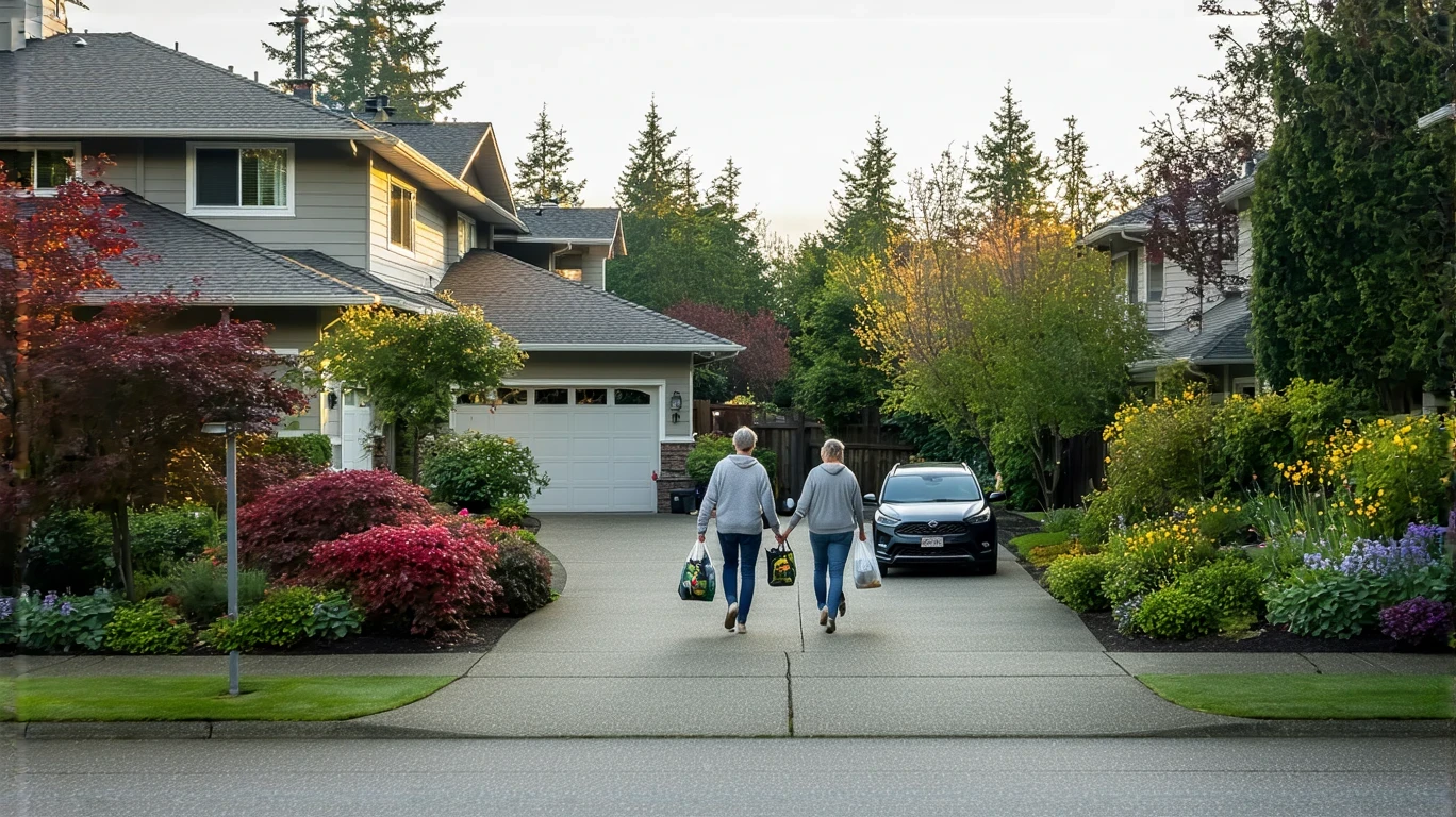 A couple carrying groceries up the driveway of their craftsman home in Redmond, WA