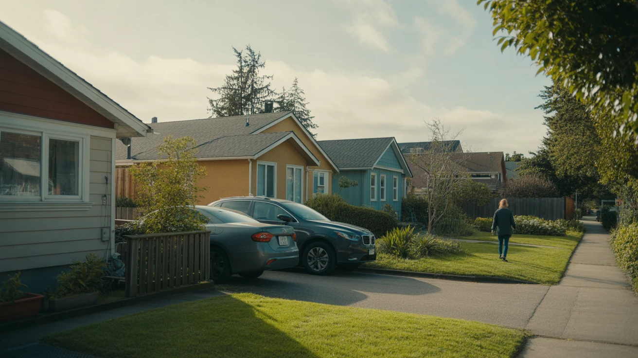 A peaceful residential street in Seattle lined with modest single-family homes and parked cars on a partly cloudy day.