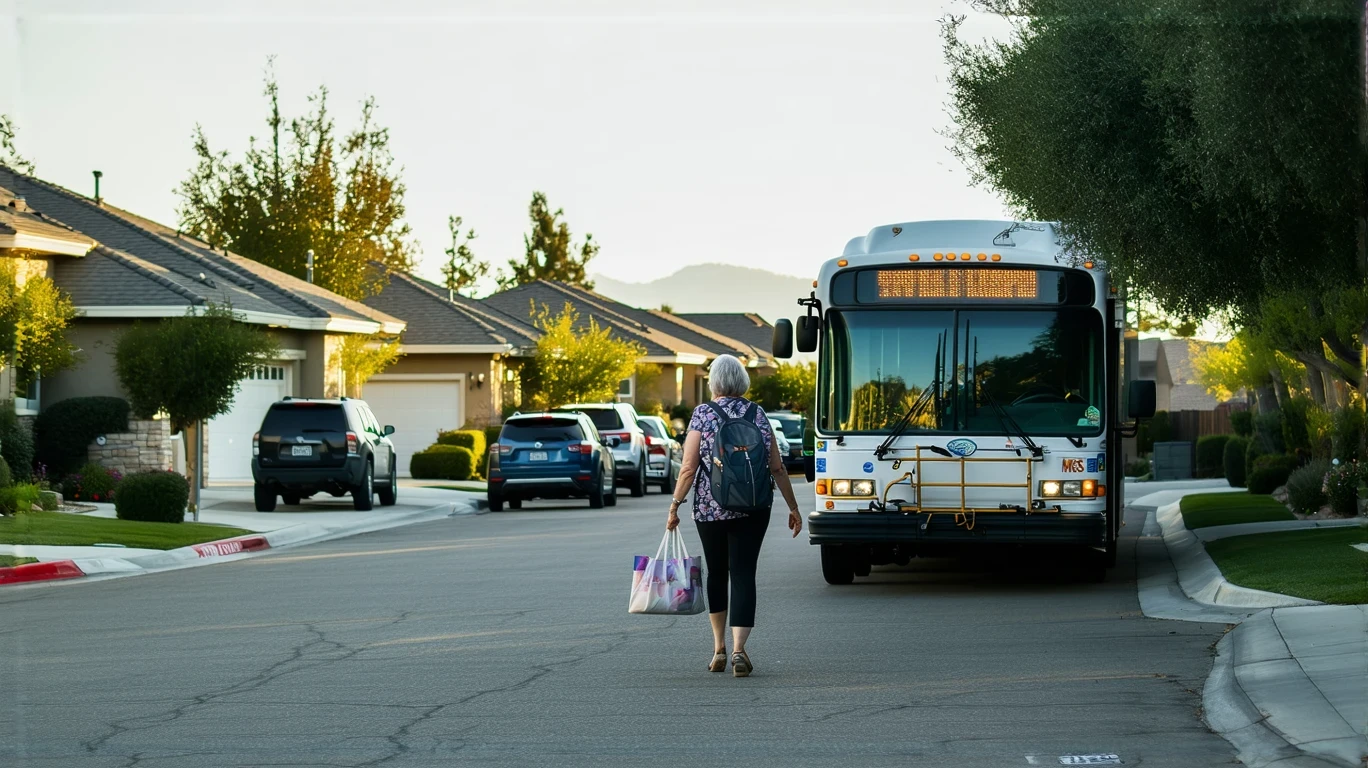 Woman exiting an MTS bus on a residential street in Poway, California