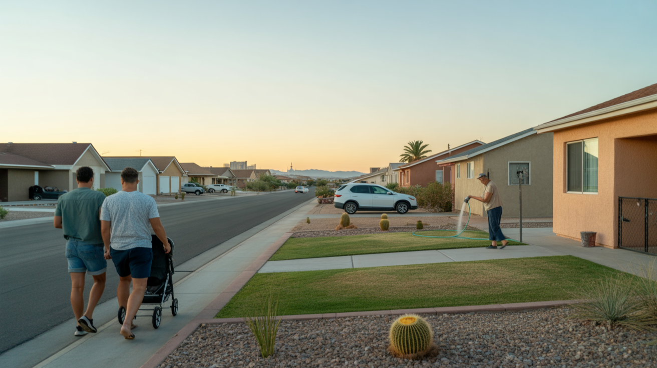 A quiet suburban street in Enterprise, NV at sunset, with modest single-family homes, desert landscaping, and a couple walking with a stroller.