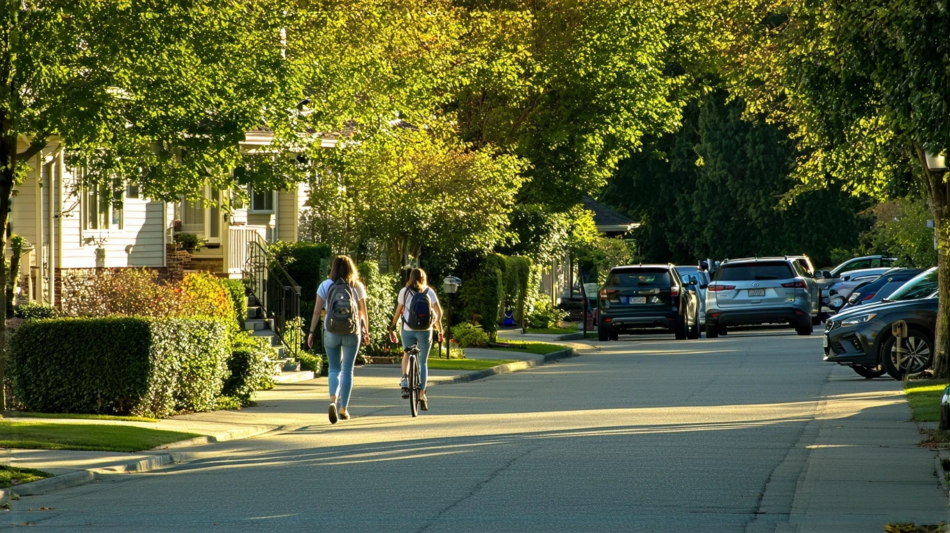 A college-aged woman walks her bike up the sidewalk of a quiet residential street lined with craftsman-style homes and mature trees in Sammamish, Washington.