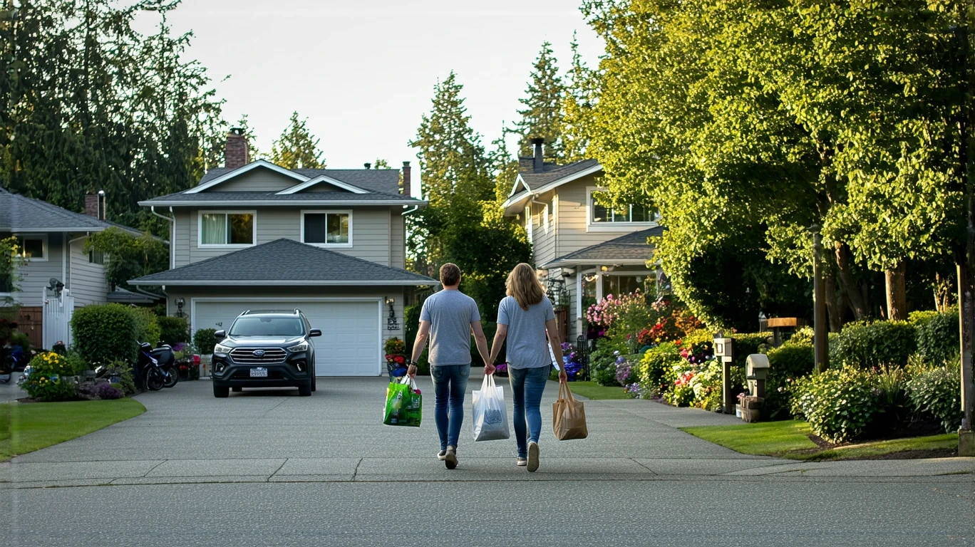 A couple carrying groceries up the sidewalk to their craftsman home in a Kirkland neighborhood
