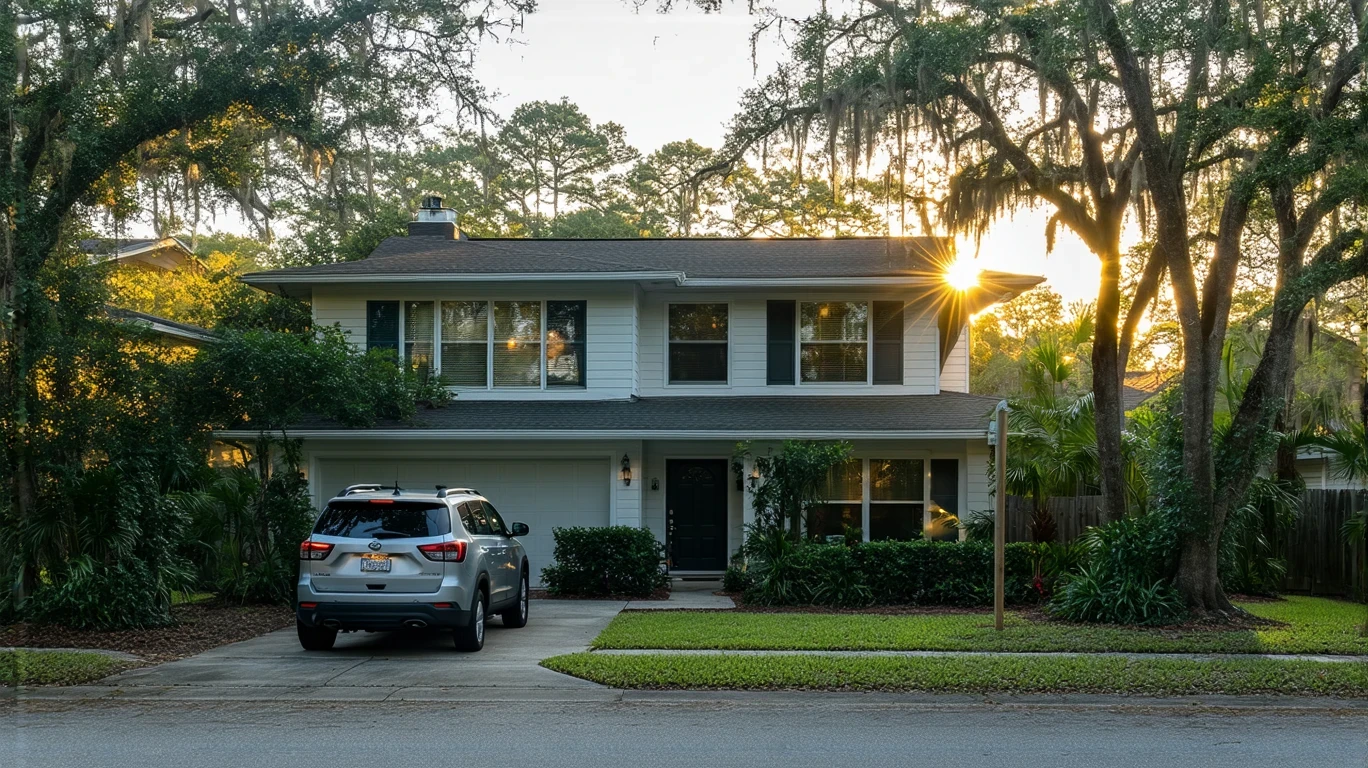 Exterior view of a craftsman home in Apopka with an SUV parked in the driveway at dusk.