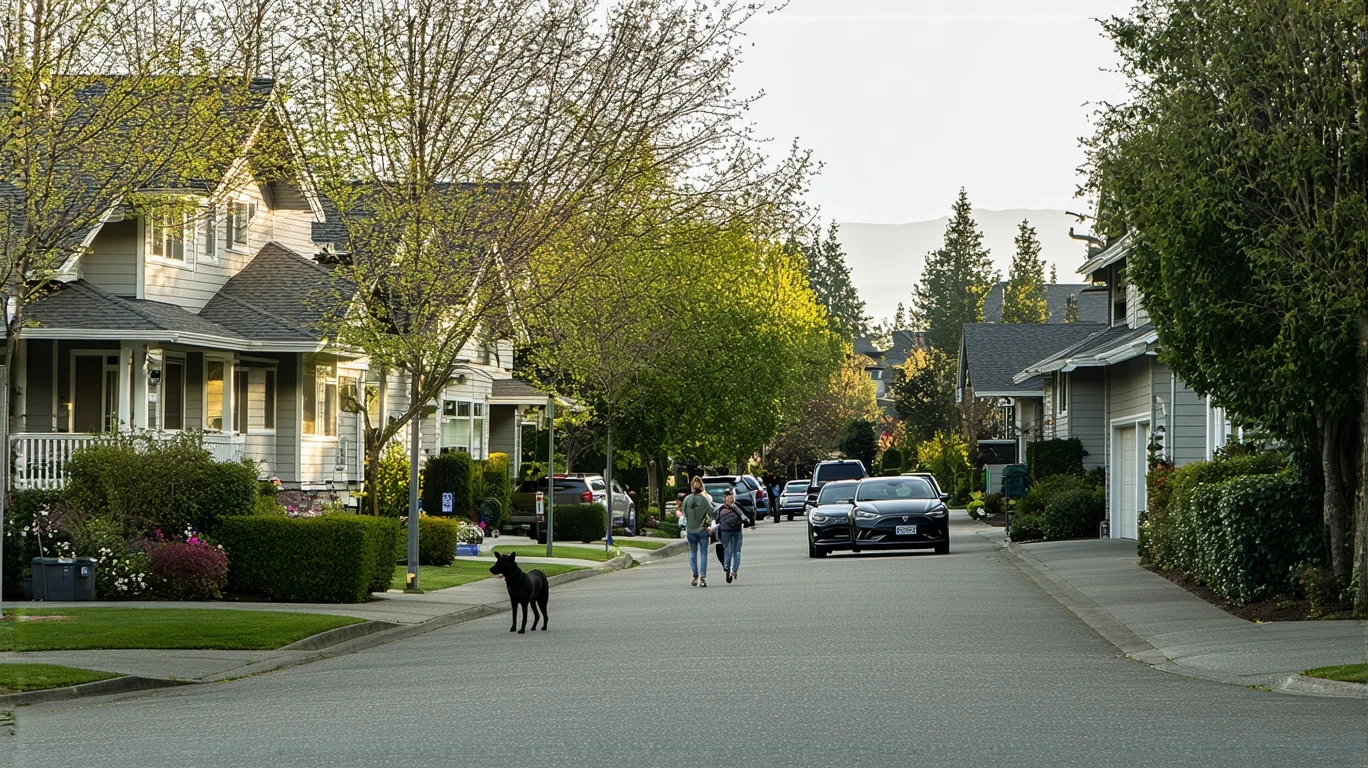 A residential street in Redmond, WA with craftsman homes, landscaping, and a couple walking their dog
