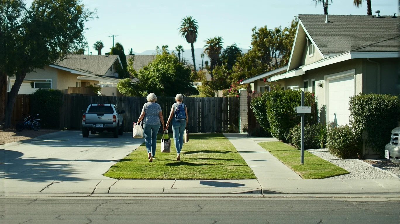 Woman carrying groceries up driveway of modest suburban home in Escondido, California