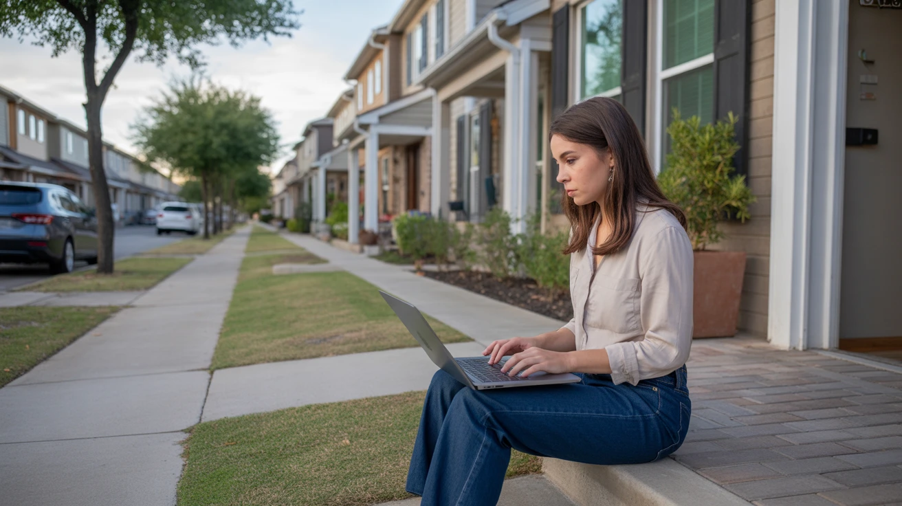 Young woman working on laptop while sitting on the front steps of a townhome in Carrollton, TX