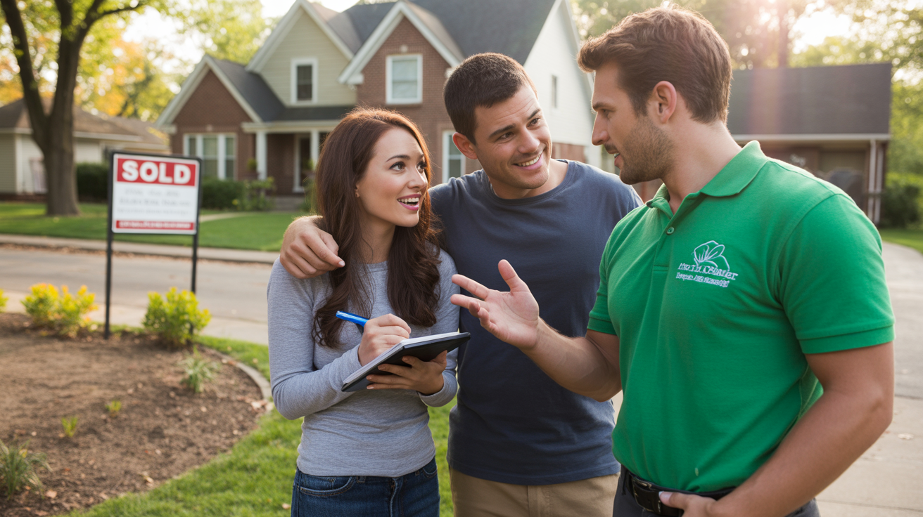 A couple consults with a landscaper in the driveway of their new Skokie home, discussing yard care options and costs.