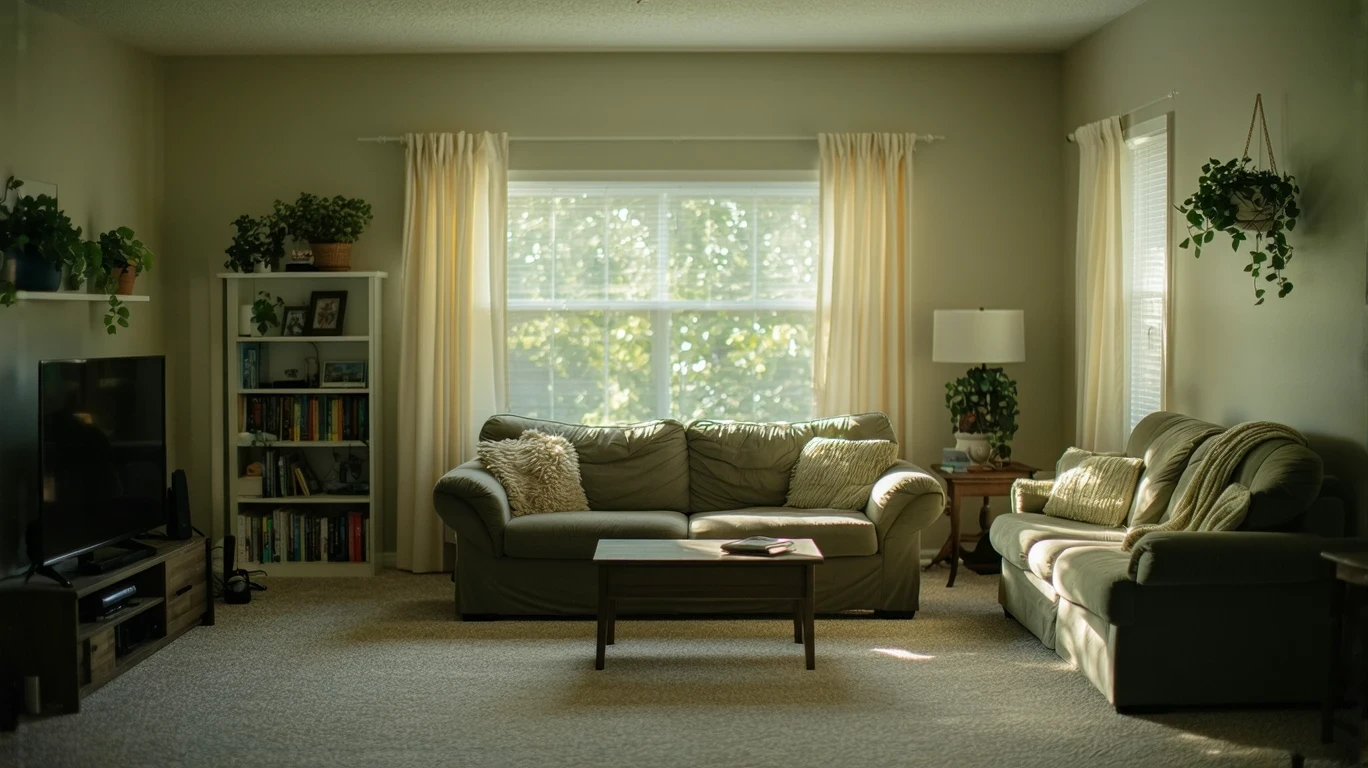 A small, sunlit living room with a couch and bookshelf in a Lutz, Florida home
