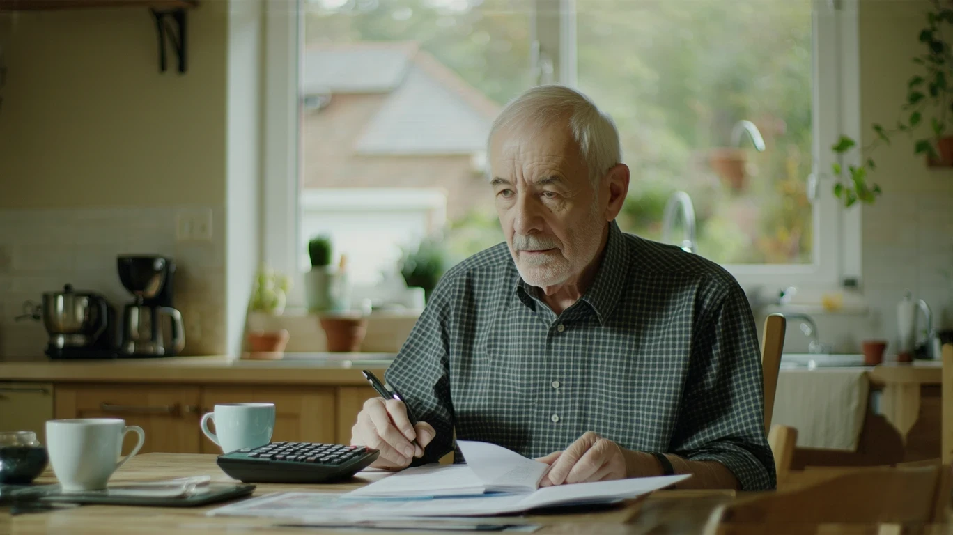 Older man sits at kitchen table looking over papers and calculator, budgeting expenses