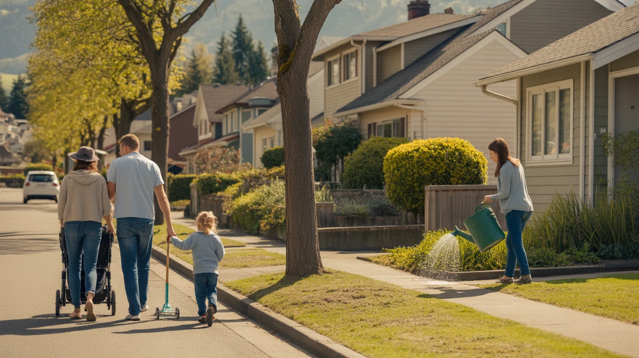A suburban street in Renton, WA with craftsman homes, a family walking, and a neighbor gardening.