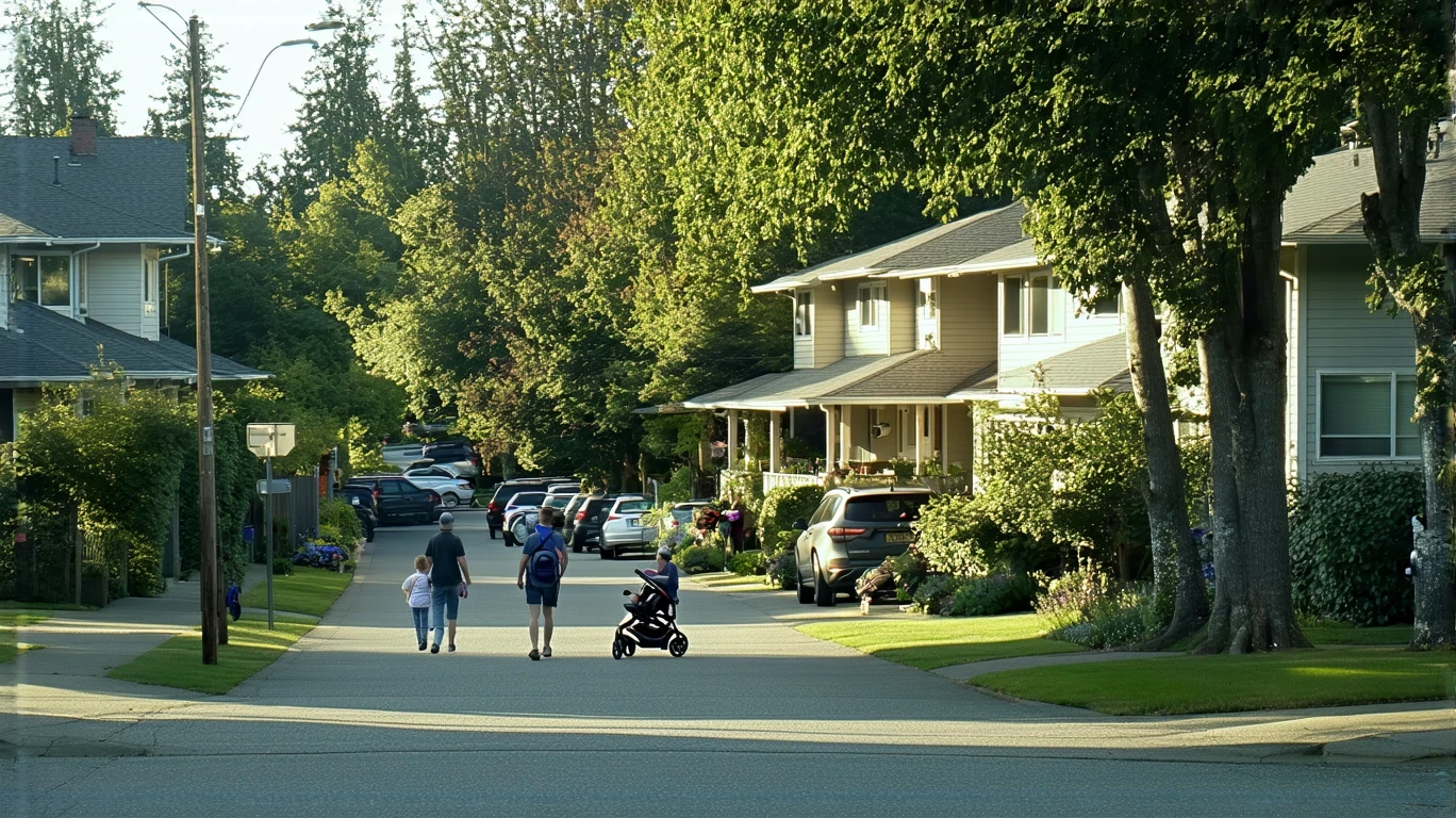 A Kent neighborhood with craftsman homes, a family walking, and a utility bill on a porch.