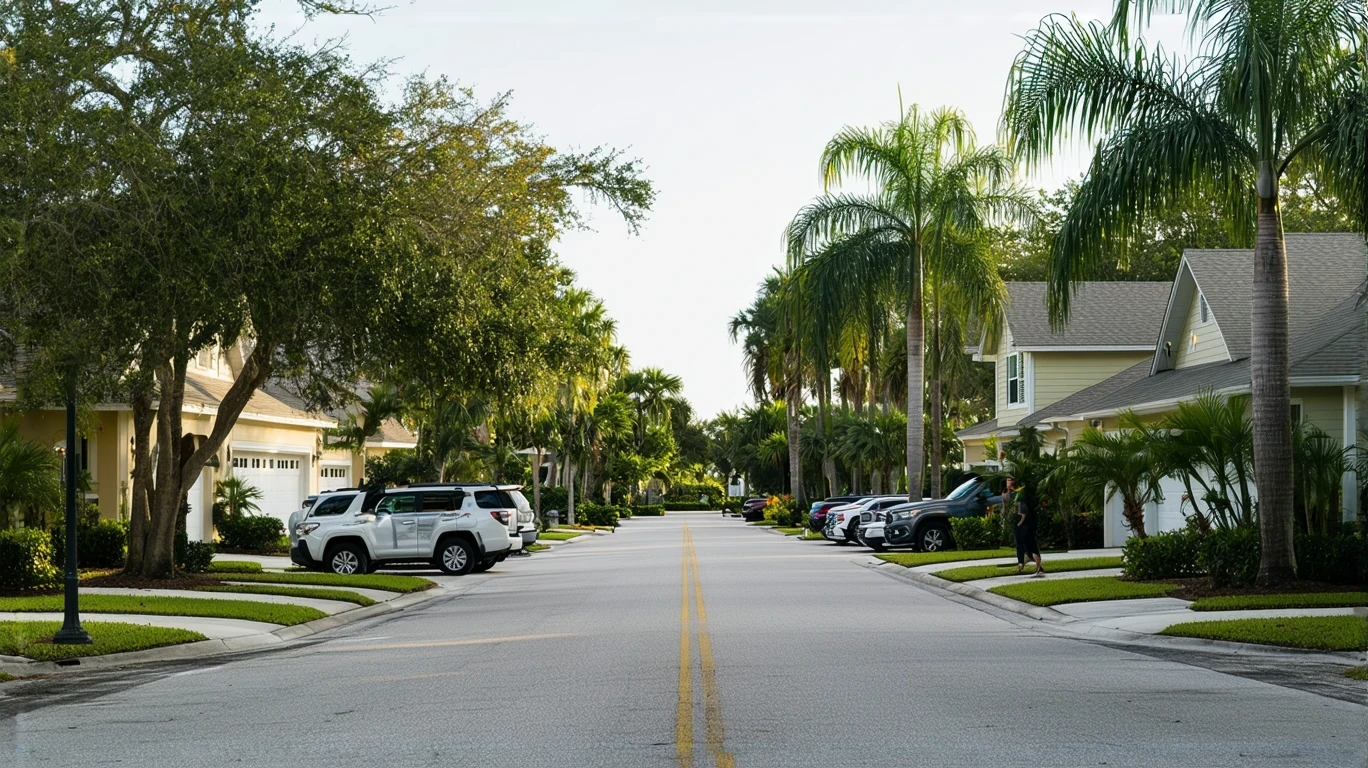A residential street in Clearwater, FL with single-family homes, apartments, parked cars, and people walking on the sidewalk.