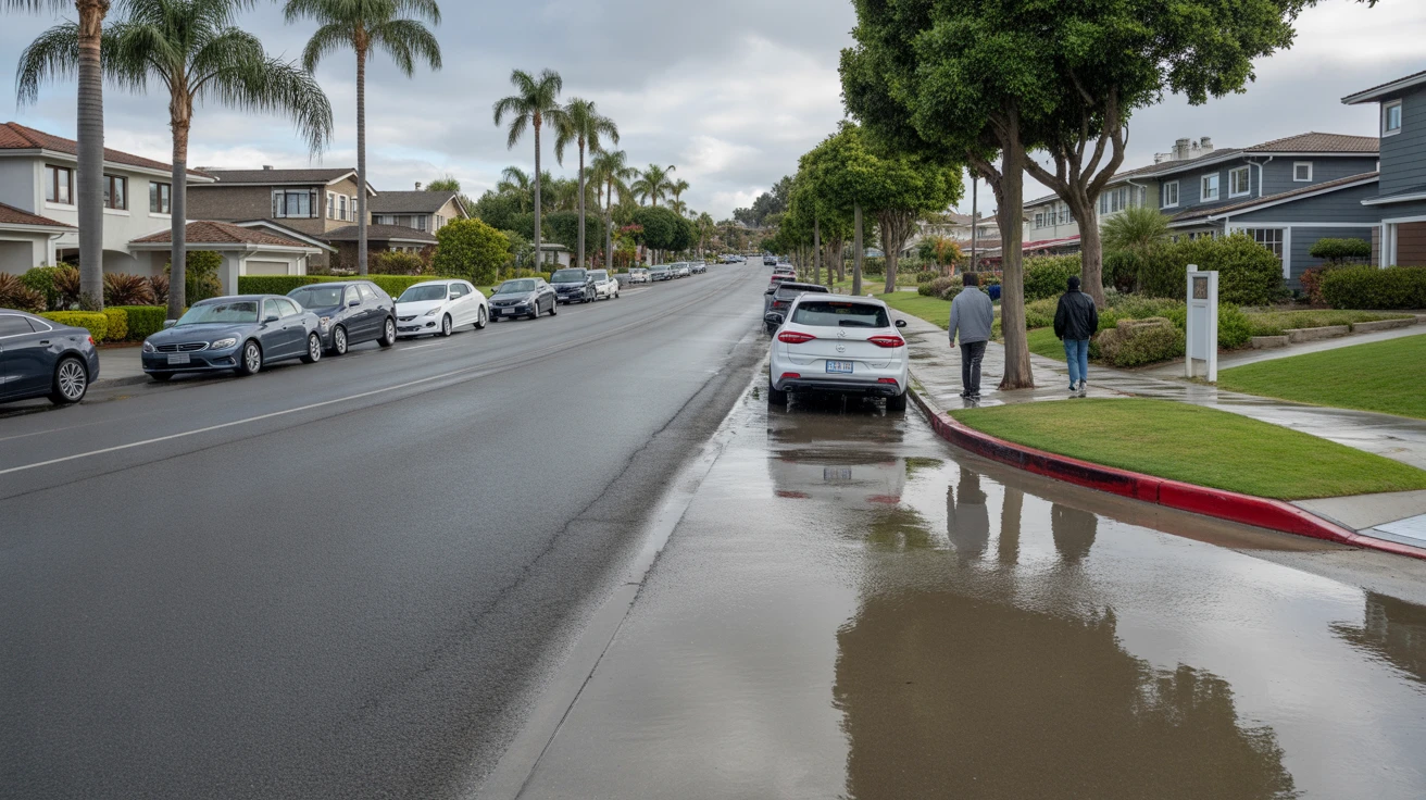 A suburban San Diego street lined with palm trees and contemporary homes on a cloudy day after a rain shower.