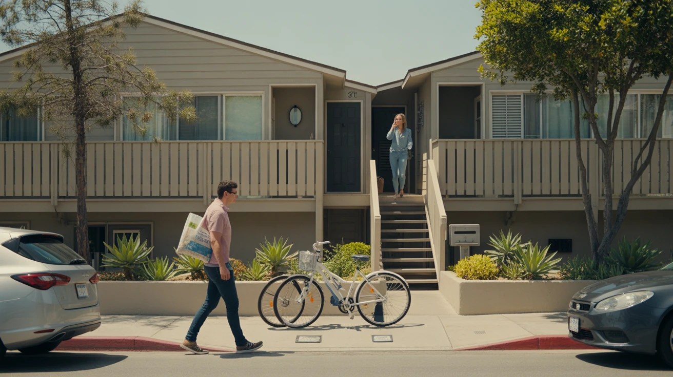 A contemporary apartment building in Chula Vista with residents going about daily routines like unloading groceries and chatting outside.