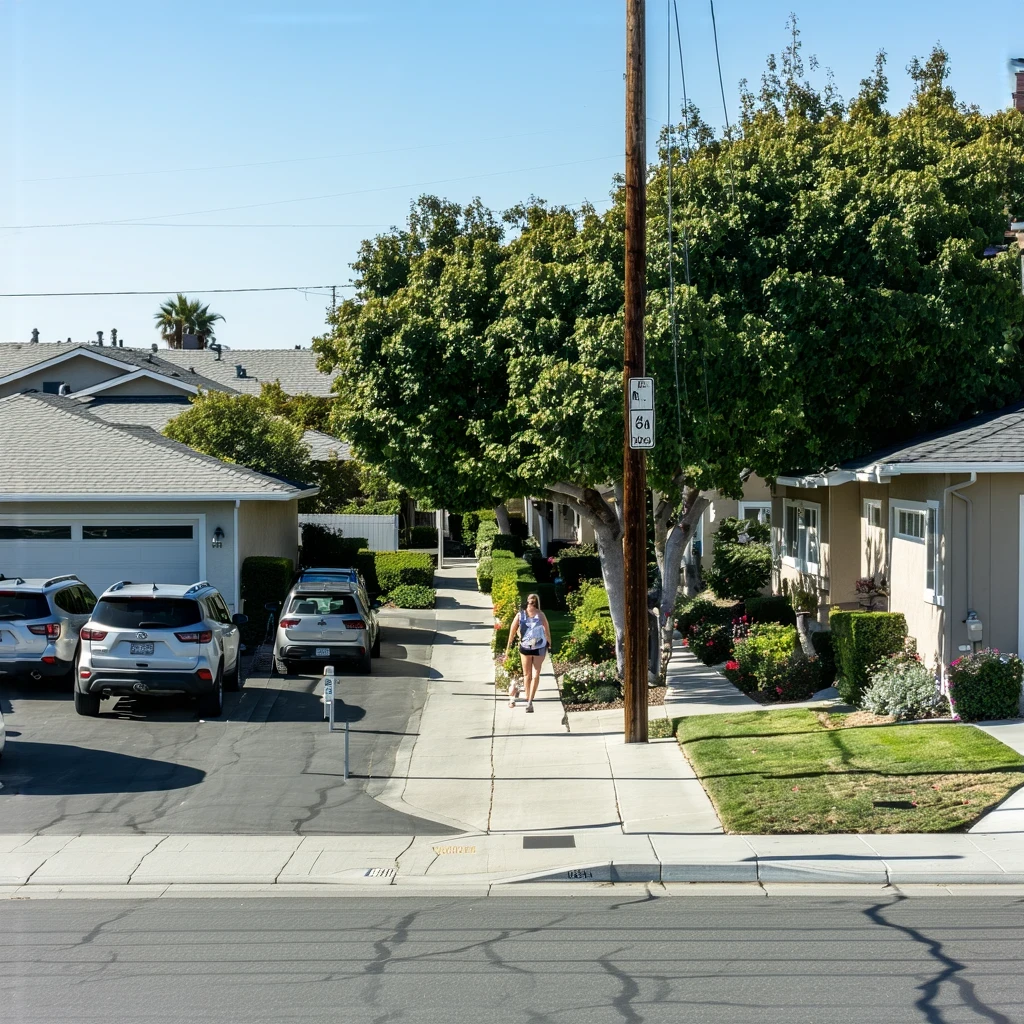 Residential street in La Mesa, California with modern single-family homes and cars parked in driveways on a sunny day.