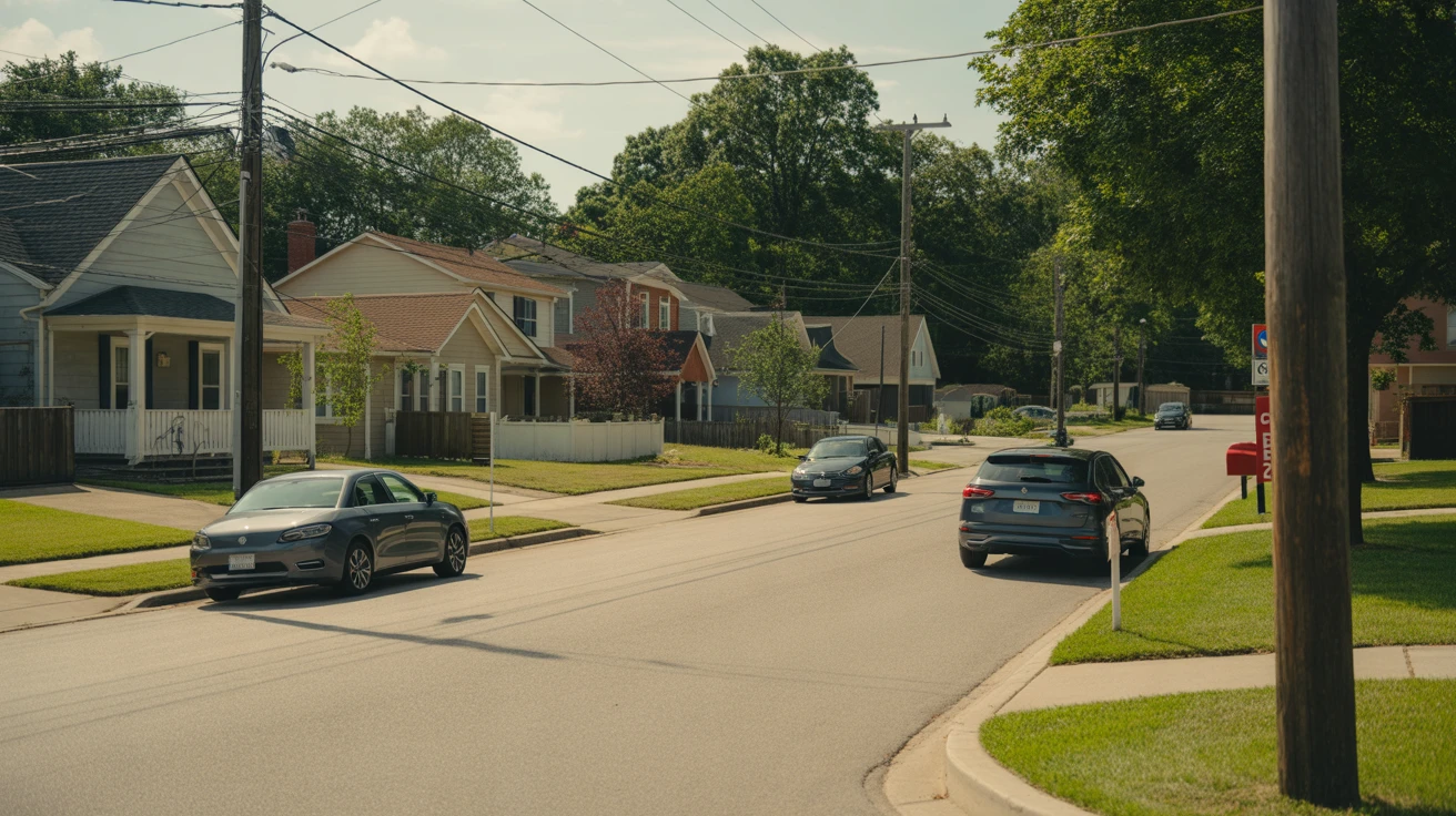 A sunny suburban street in Gallatin, Tennessee lined with modest homes and a few parked cars.