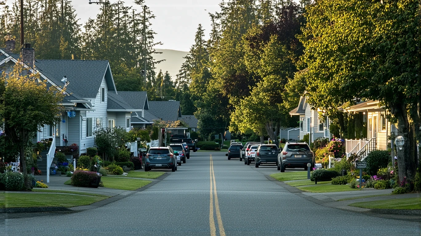 A peaceful suburban street in Edmonds, WA with craftsman homes and landscaped yards