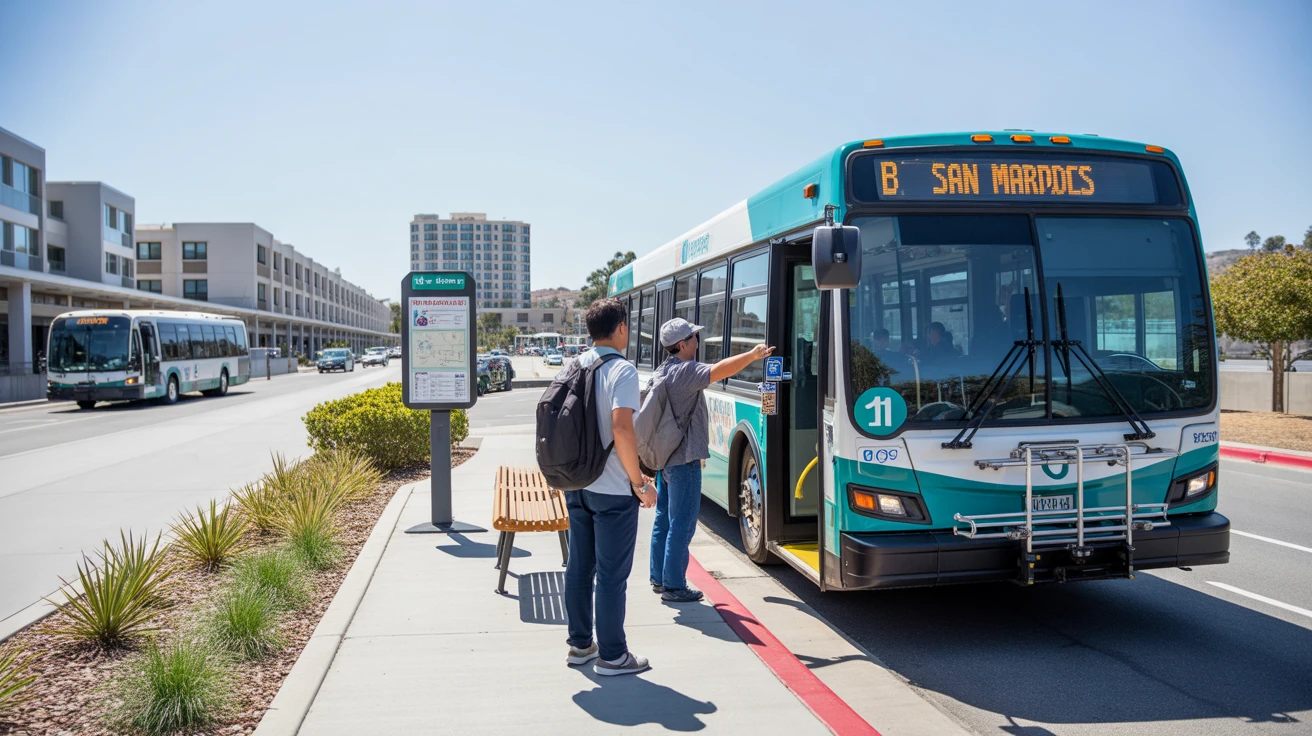 NCTD BREEZE bus at a transit stop in San Marcos, CA with passengers boarding