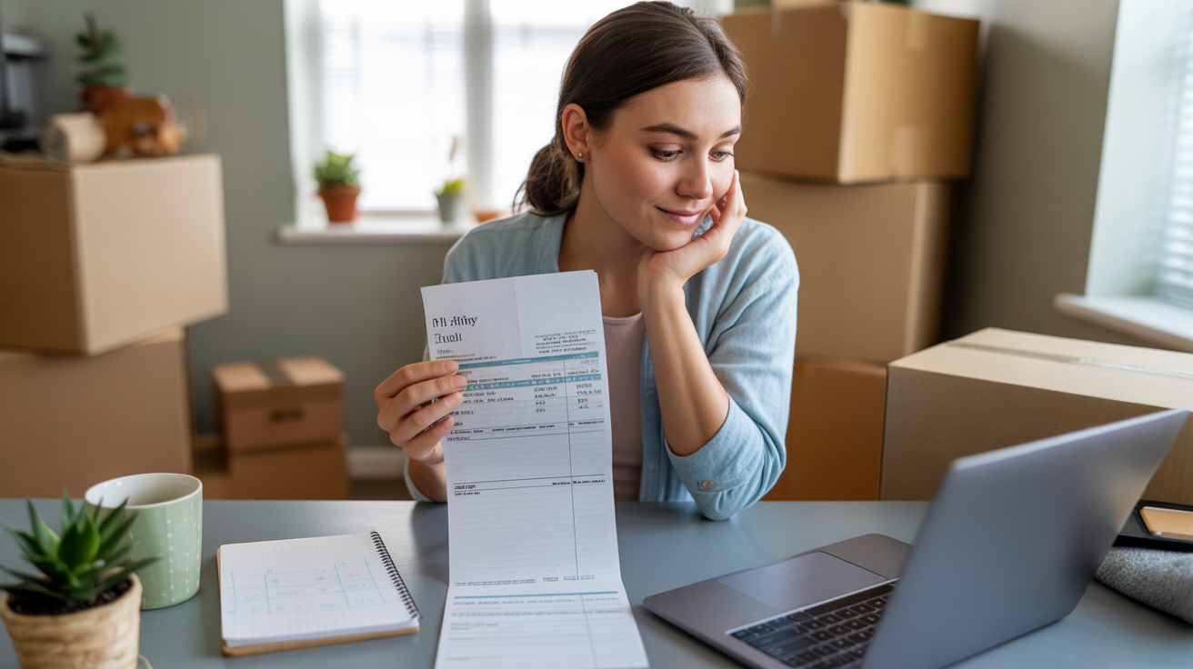 Woman reviewing utility bill and budget in Plant City apartment kitchen