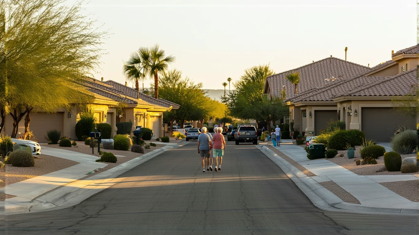 A sunny suburban street in Mesa, Arizona with stucco homes, desert landscaping, and retired residents walking on the sidewalk.