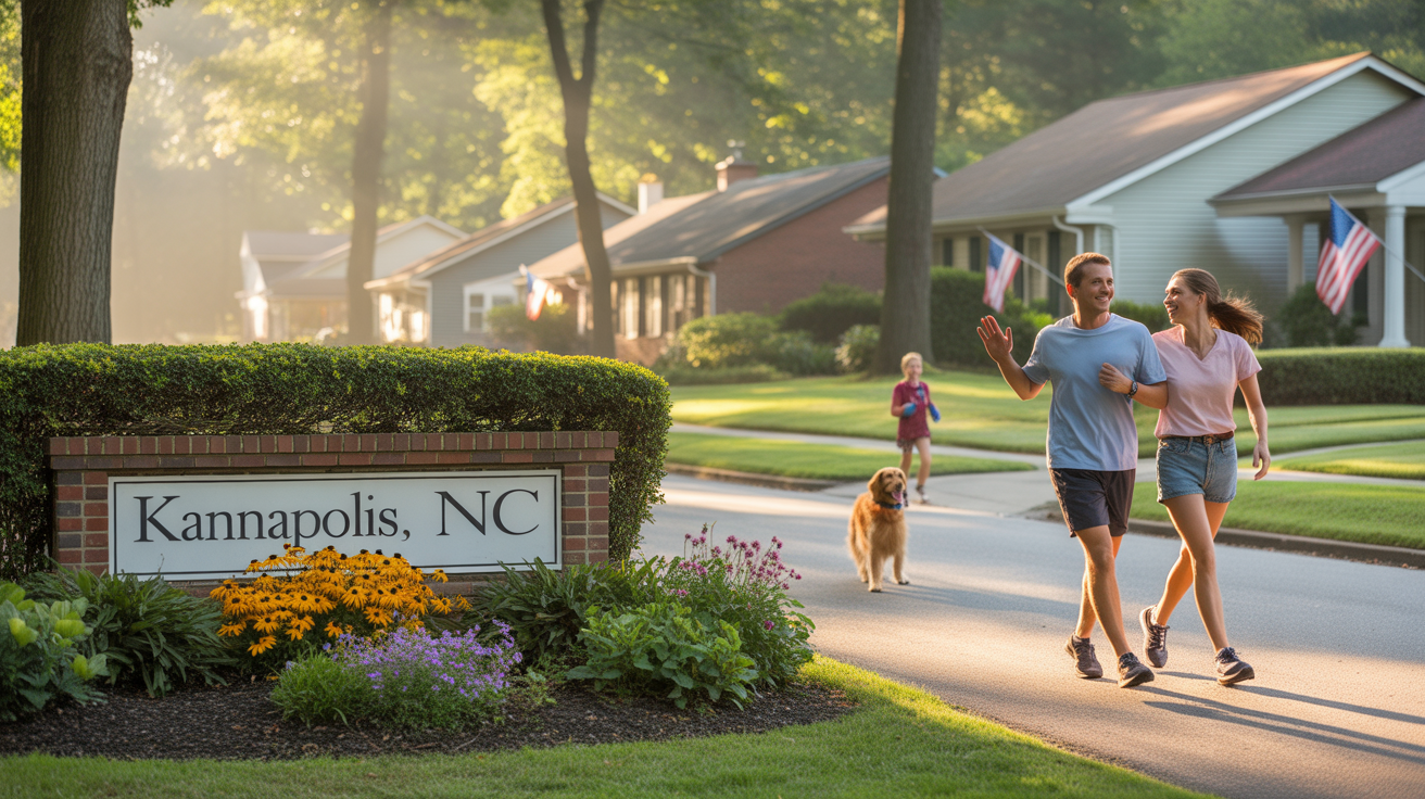 A well-maintained neighborhood entrance sign in Kannapolis, NC framed by native flowers and morning sunlight.
