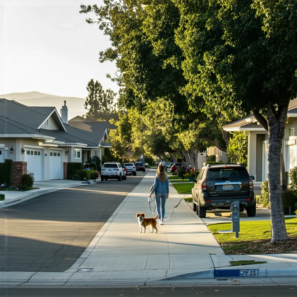 A residential street in Santee, California with modern homes, parked cars, and a woman walking her dog on the sidewalk.