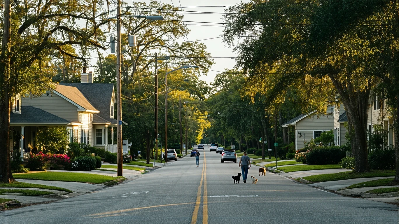 A sunny residential street in Sanford, Florida with maple trees, utility lines, and a person walking their dog