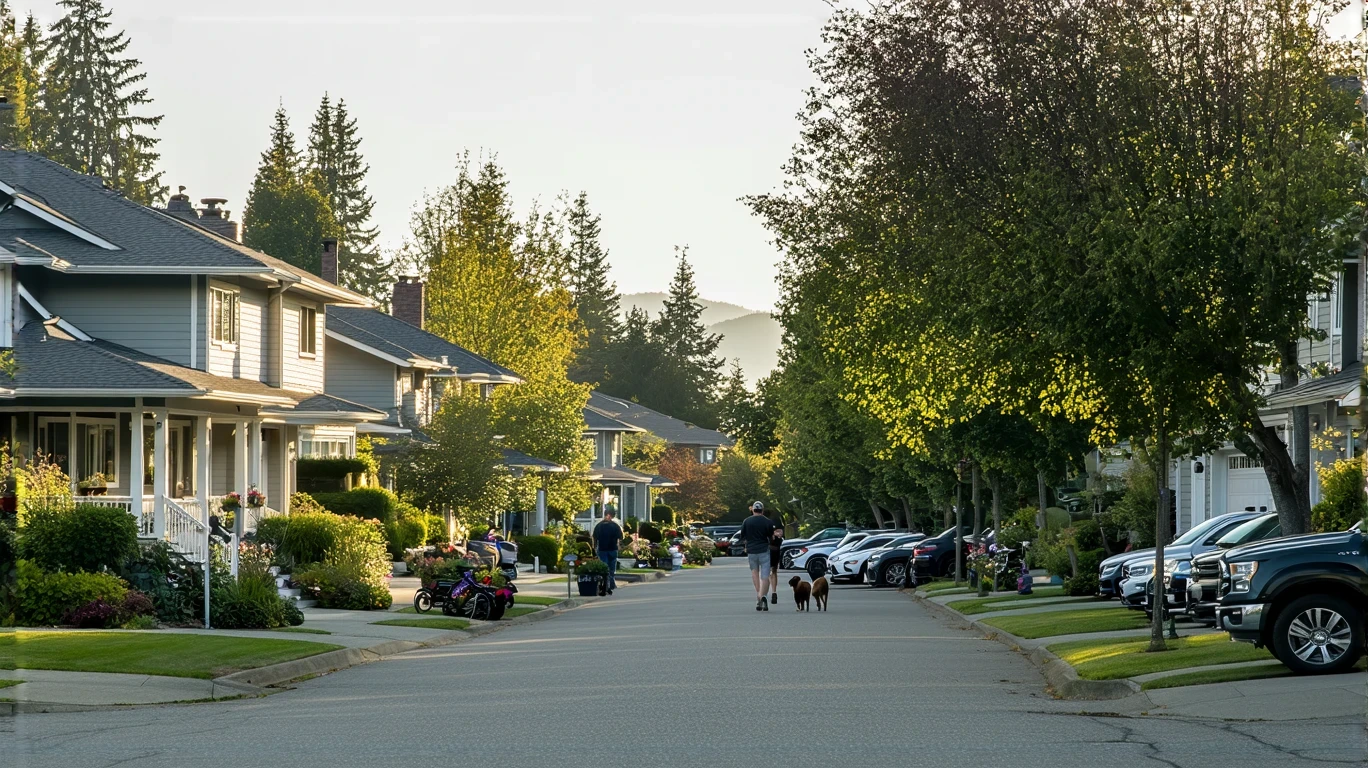 A peaceful suburban street in Everett, WA with craftsman-style homes, tidy landscaping, and residents enjoying a sunny afternoon outdoors.