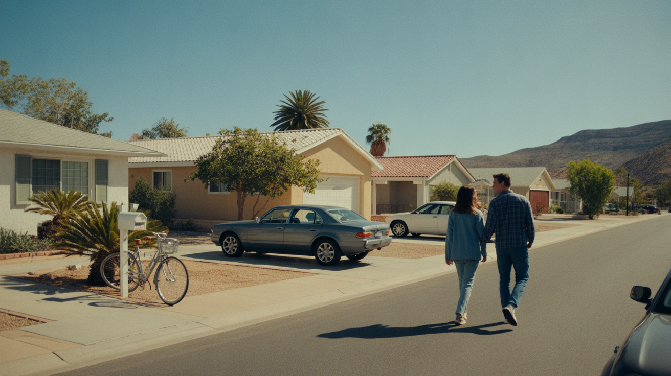 A residential street in Boulder City with modest homes, parked cars, and a couple walking on the sidewalk.