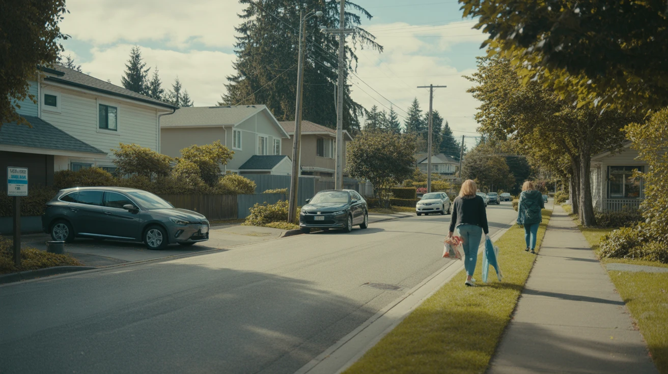 A peaceful suburban street in Bellevue, Washington with modern homes, parked cars, and a few people walking in the distance.